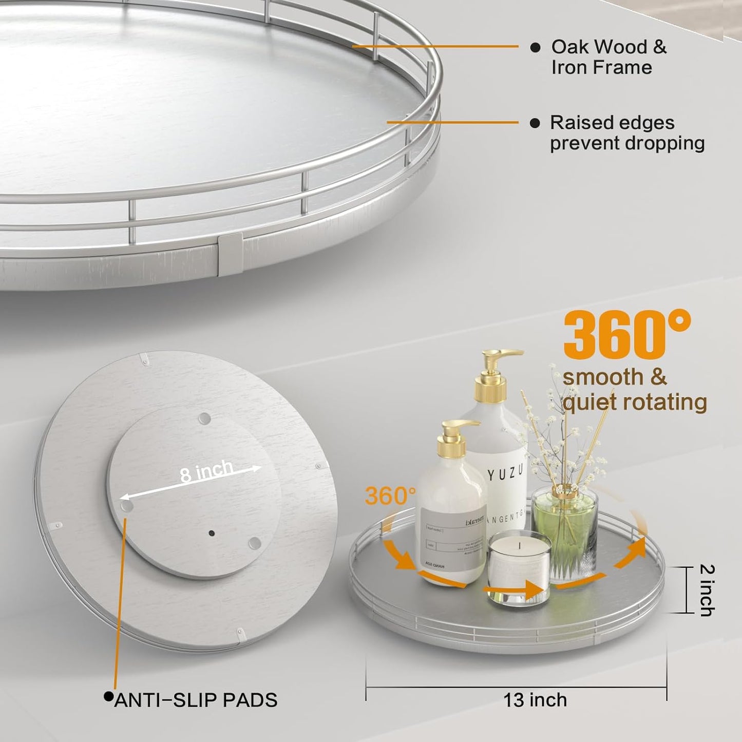 13" Silver Lazy Susan for Table Top, Oak Wood Lazy Susan Turntable Organizer for Dining Coffee Table Centerpiece Bar Decor Kitchen Countertop Bathroom Vanity Decorative Tray for Perfume Jewelry Round