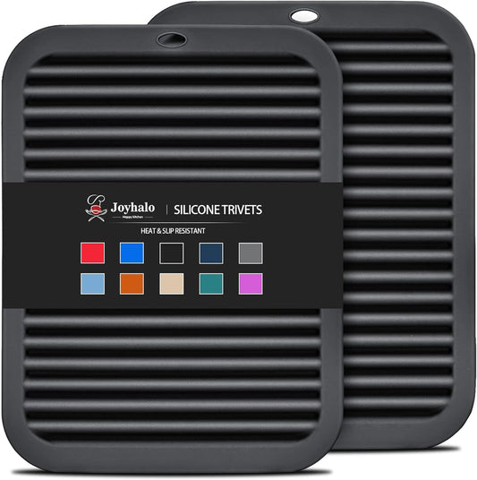 Joyhalo Trivets for Hot Dishes - Hot Pads for Kitchen 9'' x 12'', Silicone Trivets for Hot Pots and Pans, Hot Plates to Protect Table, Quartz Countertops Heat Resistance to 480°F, Set of 2, Black