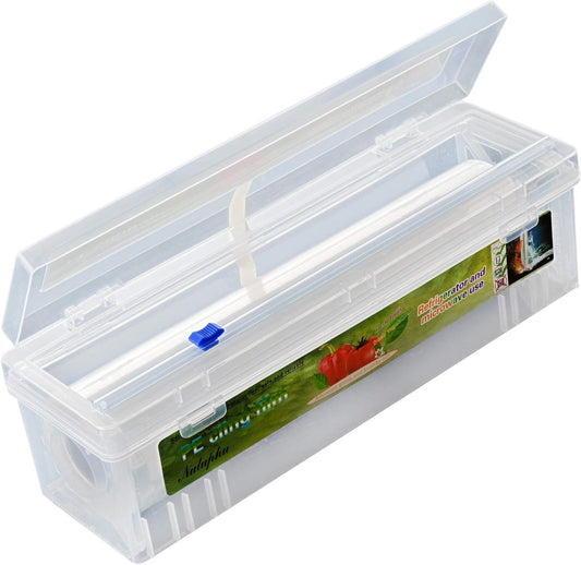 Plastic Cling Wrap Dispenser With Slider Cutter - Refillable Food Wrap Stretch Clear Film 12 Inch 650 Ft (Cutting Box + Cling Film)