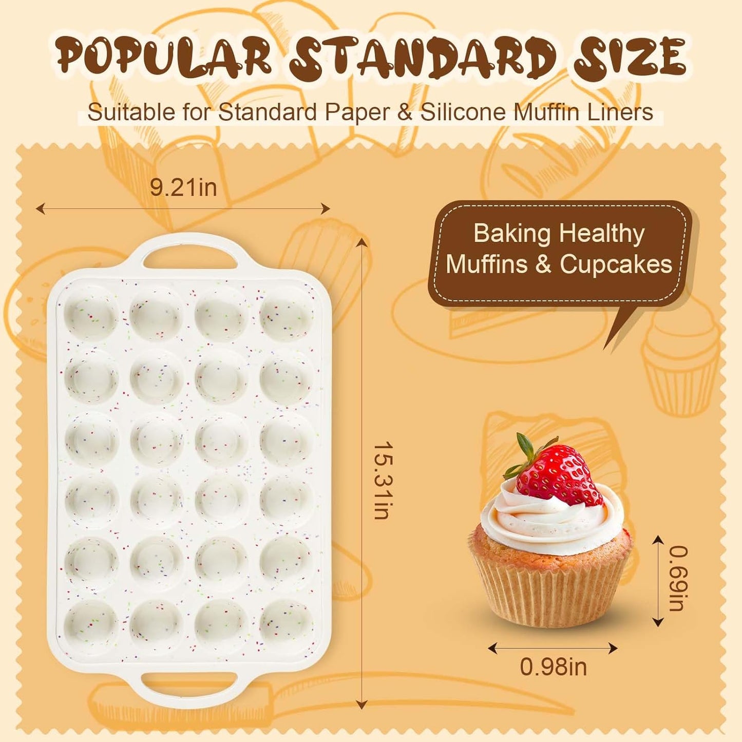 2 Silicone Muffin Pans for Baking with 200 Mini Cupcake Liners, Back to School 1st First Day of School Kitchen Dorm Room Bakeware Supplies, Muffin Tin(24-Cup Mini)