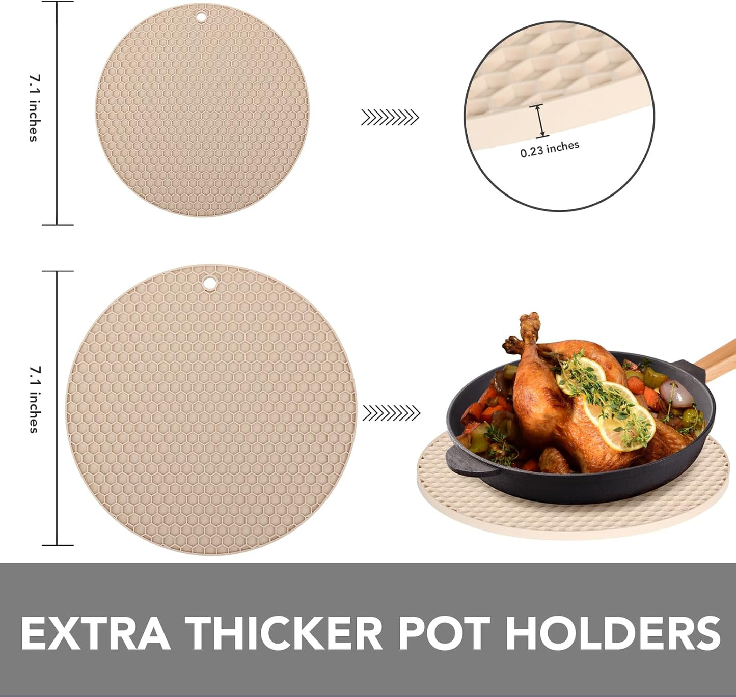 Joyhalo Trivets for Hot Dishes - Hot Pads for Kitchen, Silicone Pot Holders for Hot Pots and Pans, Silicone Mats for Kitchen Countertops, Table, Flexible Easy to Wash and Dry, Khaki