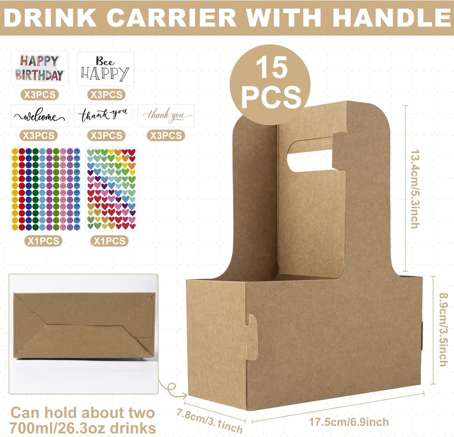 30 Pcs 2 Cup Drink Carrier with Handle, Assemblable Kraft Cardboard Cup Holders with 30 Pcs Happy Birthday Stickers, Disposable Drink Carrier for Drinks Coffee Take Out Cup Carriers Brown