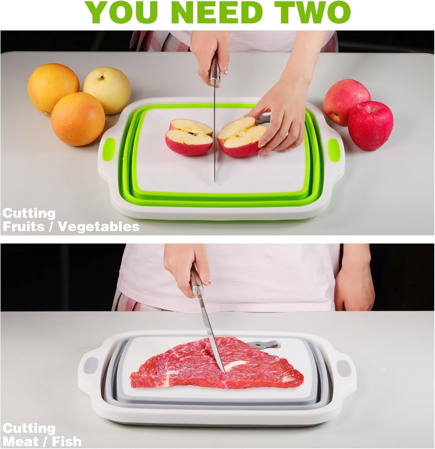 2 Pack Collapsible Cutting Board, Foldable Dish Tub with Draining Hole, Portable Chopping Board with Colander, 3 in 1 Multifunction Camping Sink for Washing Dish, Bowl, Vegetables and Fruit