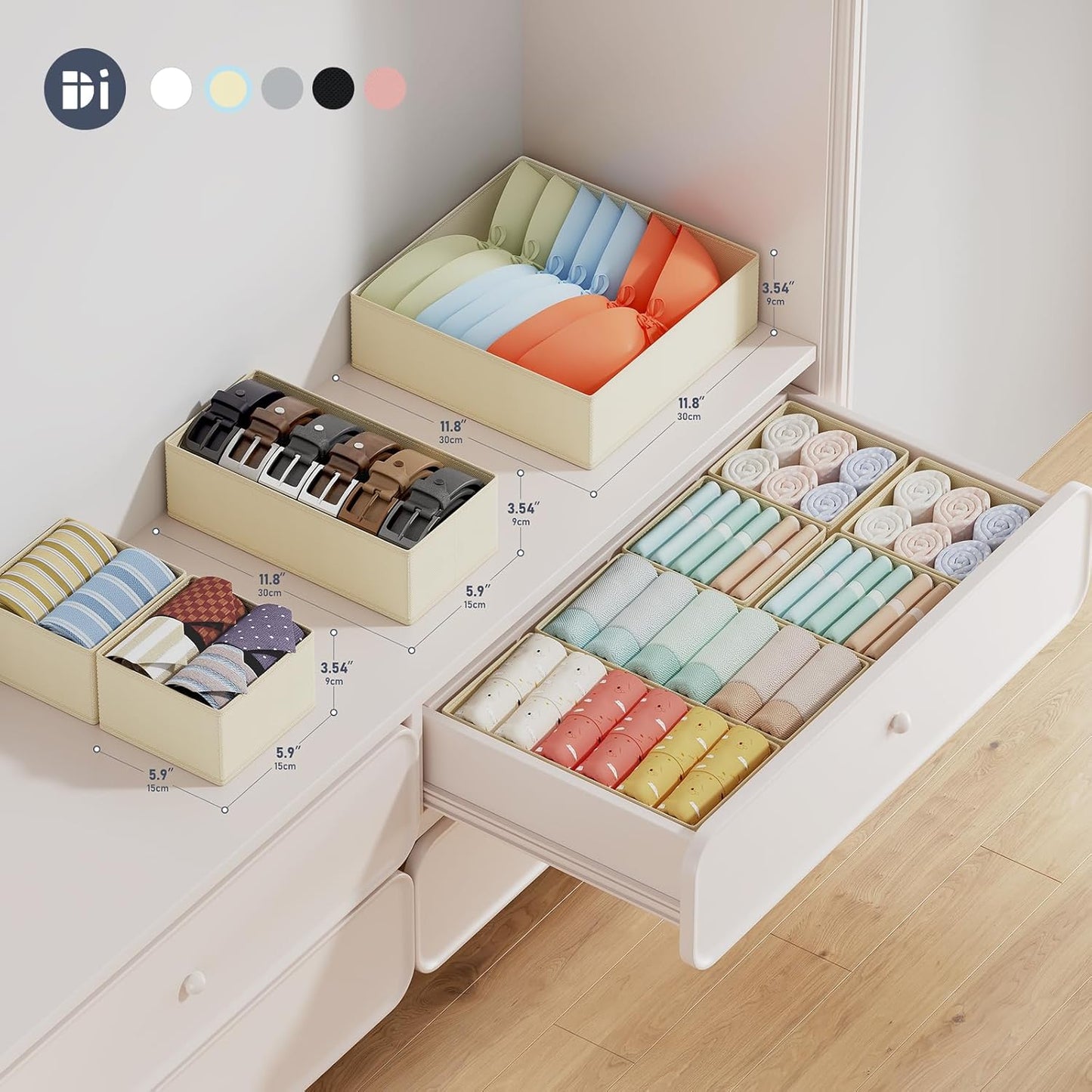 DIMJ Drawer Organizer Clothes, 20 Pack Dresser Organizer, Foldable Closet Organizers and Storage, Fabric Dresser Bins, Drawer Dividers for Nursery, Baby Clothes, Underwears, Sock (Beige)