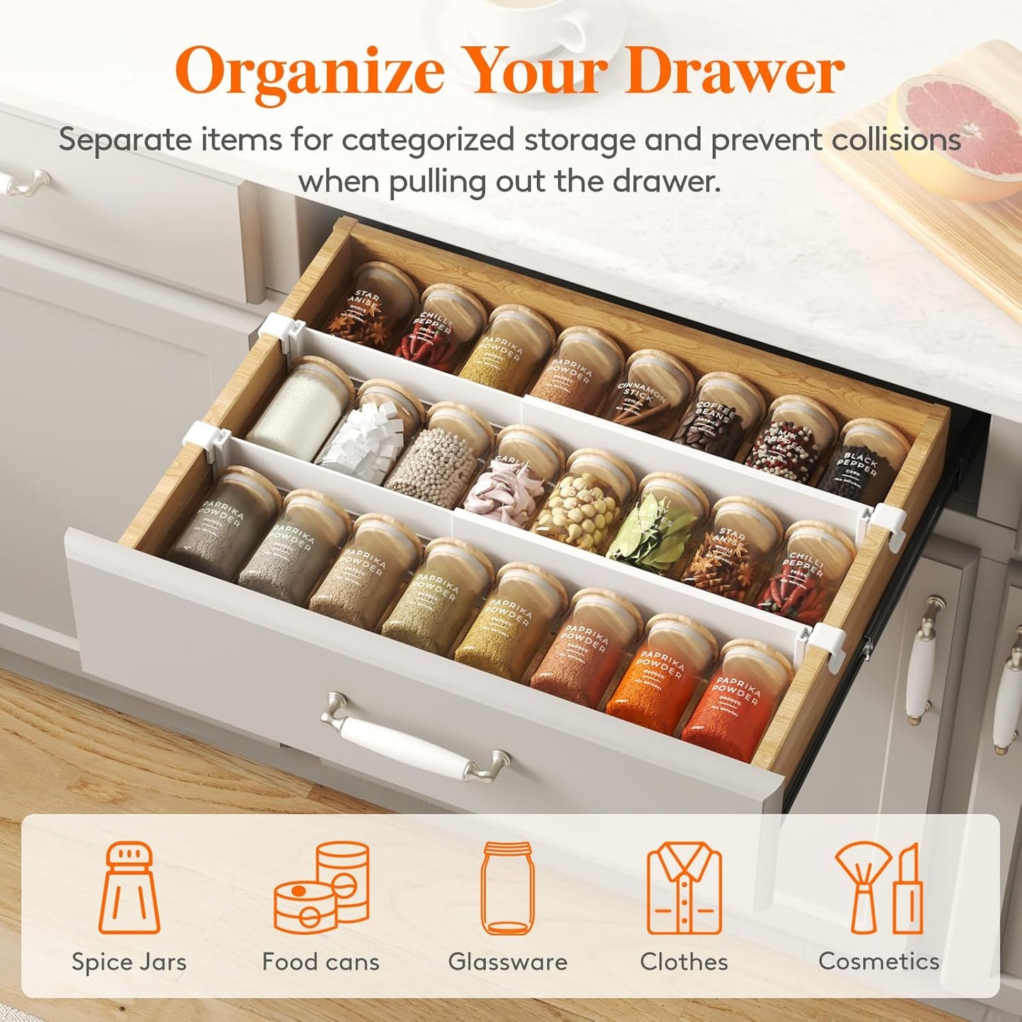 Lifewit Hanging Kitchen Drawer Dividers 3.1" High, 10-17" Adjustable Drawer Organizers for Utensils, Expandable Dresser Separators in Kitchen/Bedroom/Bathroom/Vanity/Office, White(6 Pack)