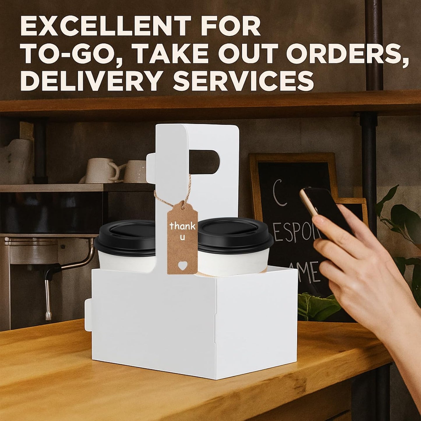 30 Pack 2 Cup Disposable Drink Carrier with Handle Paperboard Coffee Cup Holder Portable for Hot Cold Drinks Food Delivery Services with Heart Card for Teacher Appreciation Week Mother's Day