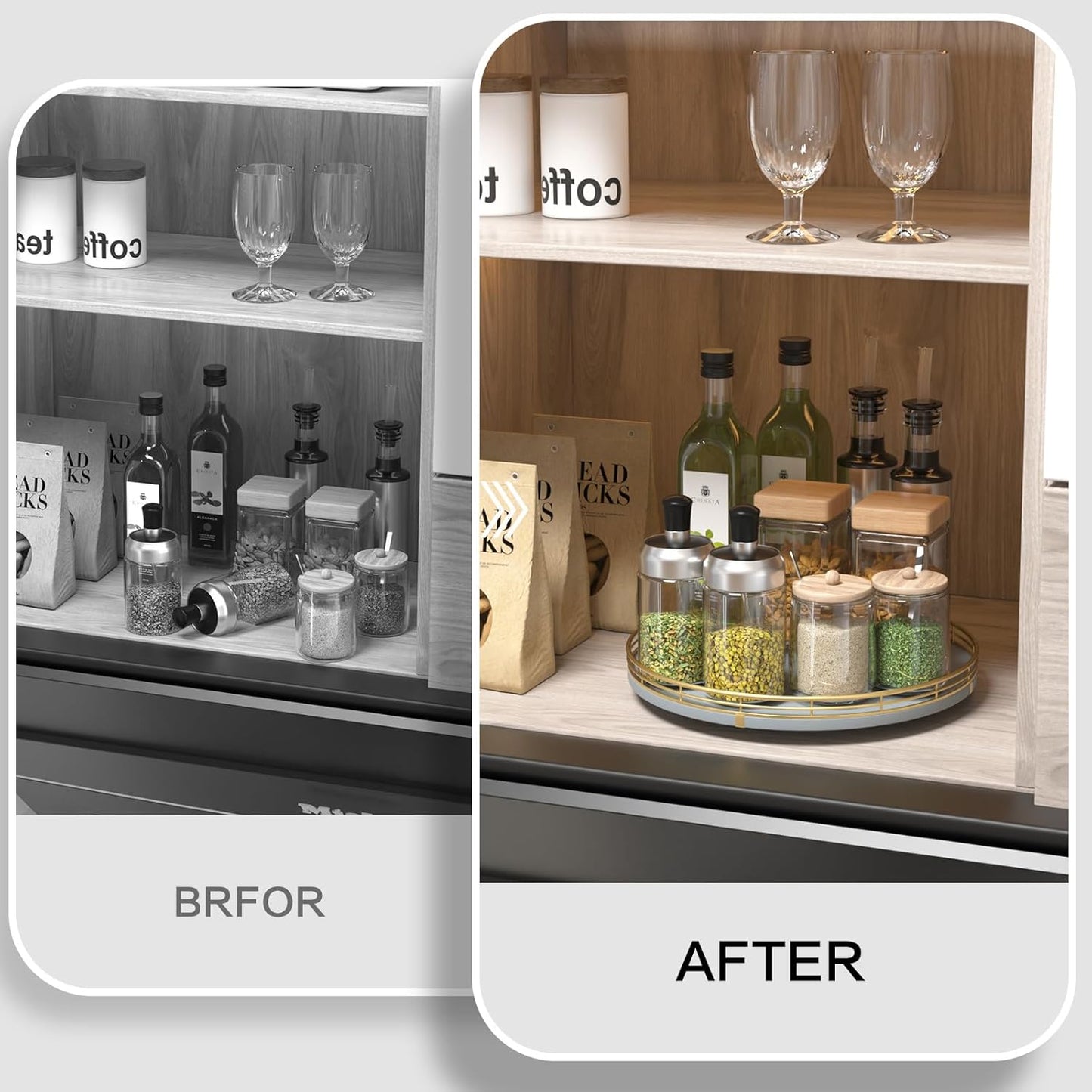 12" Wooden Lazy Susan Turntable for Cabinet – Roud Rotating Spice Rack Organizer, Gray Kitchen Countertop Tray for Dining Table & Pantry Storage （Gray & Gold）