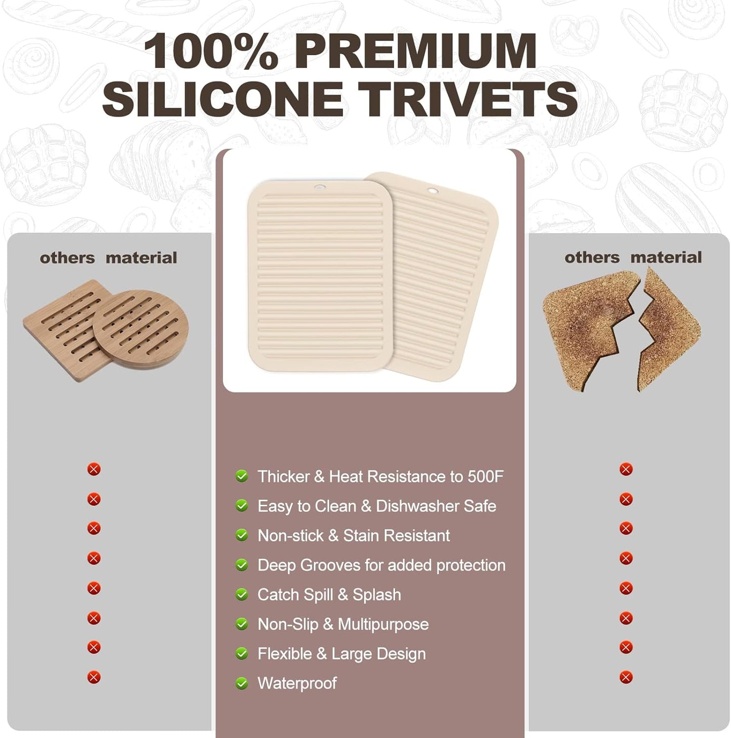 Joyhalo Trivets for Hot Dishes - Hot Pads for Kitchen, Silicone Trivets for Hot Pots and Pans, Hot Plates to Protect Table, Quartz Countertops Heat Resistance to 480°F, Set of 2, Khaki