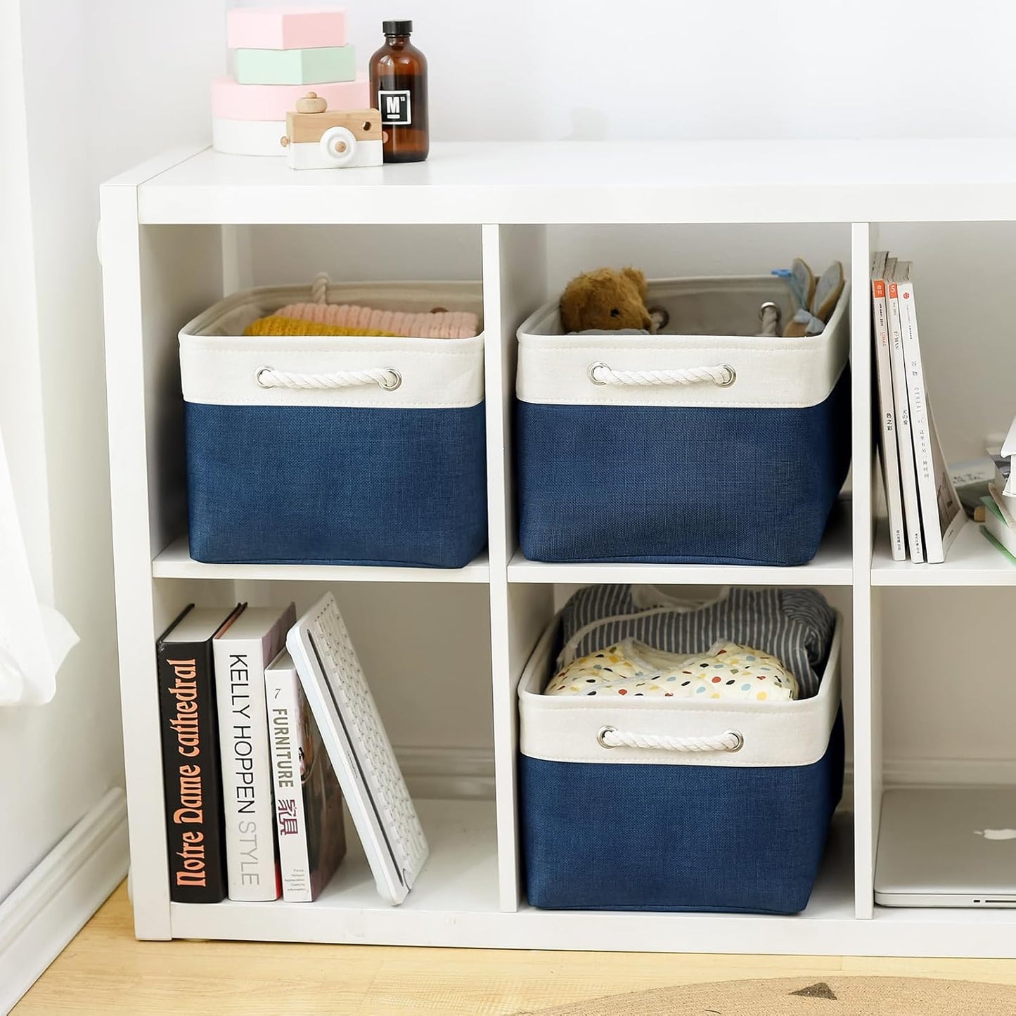 TcaFmac Organization and Storage Basket for Gifts Empty - 16x12x8 inch Large 4 Pack Collapsible Storage Box for Organizing, Fabric Storage Cubes for Cloth Toy Books Shelves(White & Jean Blue)