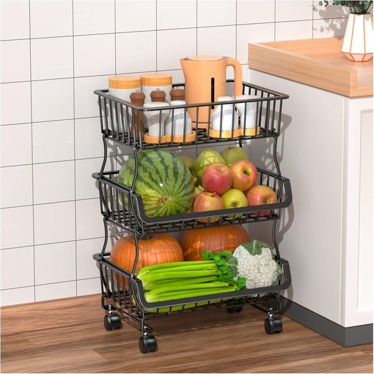 3-Tier Rolling Pantry Organizers and Storage Cart with Wheels – Stackable Wire Snack Cart for Kitchen, Pantry Shelves and Storage Rack for Fruit, Vegetables, Onion, Potato, 1 Pcs