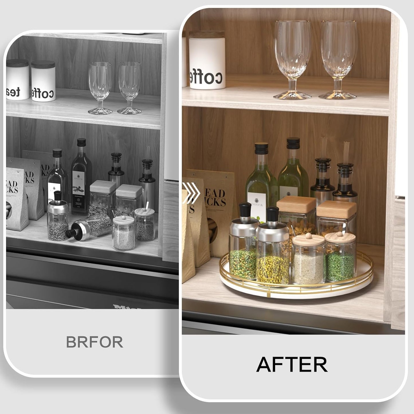 13“ Wooden Lazy Susan Turntable for Cabinet – Round Rotating Spice Rack Organizer, White Kitchen Countertop Tray for Dining Table & Pantry Storage (White & Gold)