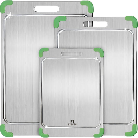 3Pcs 100% Pure Titanium Cutting Board with Grooves, Update Double Side Titanium Chopping Board, Silicone Anti-slip Stainless Cutting Boards Set for Kitchen, Green