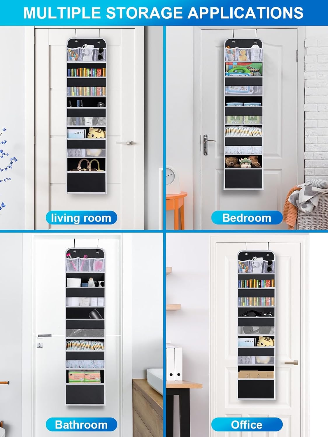 2 Pack Over The Door Organizer, Hanging Storage Organization with Large Capacity Pockets, Swing-Proof Behind Door Storage Shelf for Kicthen Bedroom Nursery Kids Toys Shoes,Black