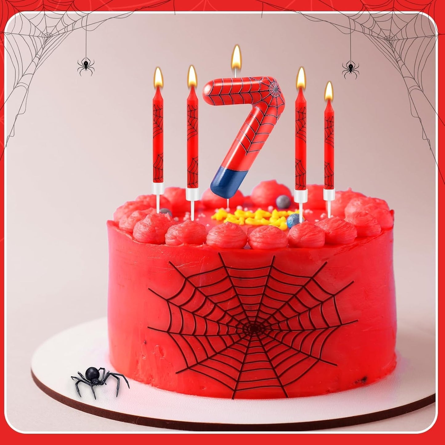 13 Pcs Spider Themed Birthday Candle Set Red Spider Theme Number 7 Candle Cake Topper for Boys Girls Birthday Decoration Spider Party Decoration Supplies (Number 7)