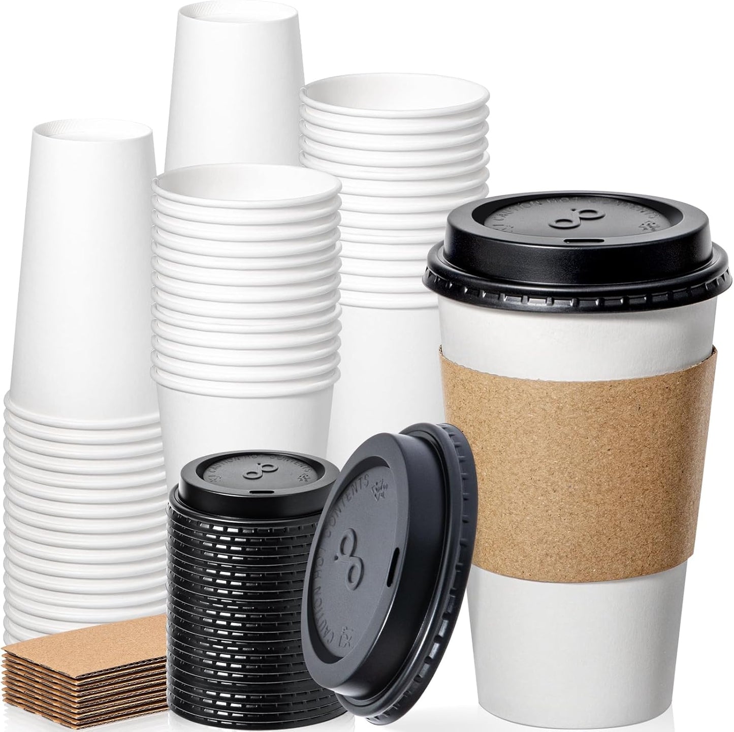 Fit Meal Prep 50 Pack 16 oz Disposable Coffee Cups with Lids, Sleeves, Leak-Proof To Go Coffee Cups with Lids, Durable Paper Cups for Hot Beverage, Home, Office, Party
