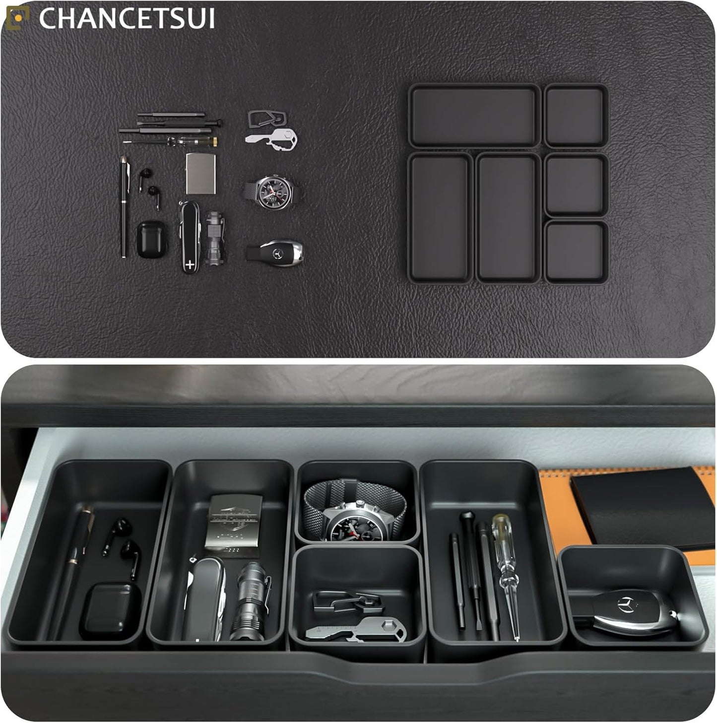 6 Pcs Stackable Drawer Organizer Set Desk Drawer Dividers, Bathroom Vanity Cosmetic Makeup Trays , Multipurpose Plastic Storage Bins for Jewelries, Kitchen Gadgets and Office Accessories, Black