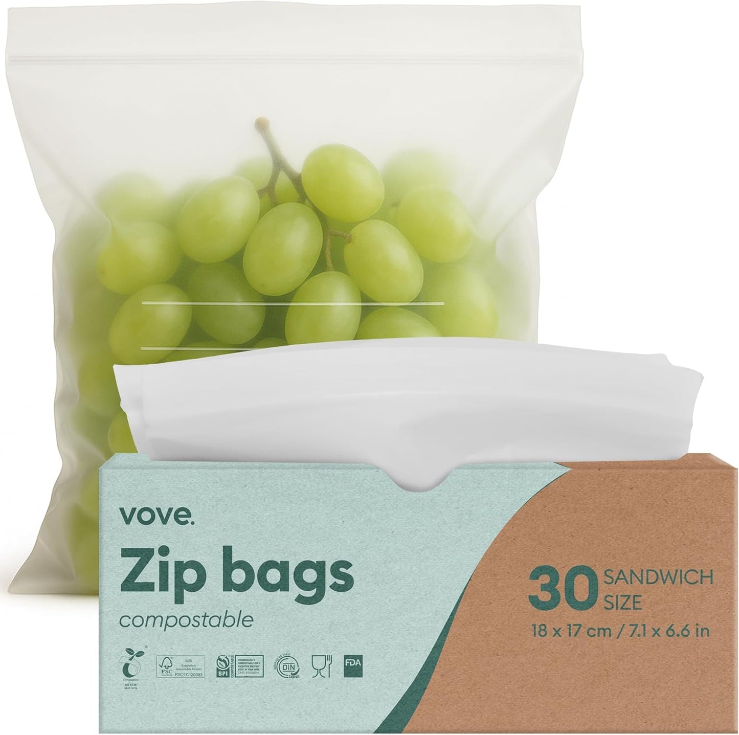 Vove Compostable Sandwich Bags, Medium 30 Count – Freezer Safe, Leak Proof, Non Toxic, Writable Surface for School Lunches & Meal Prep, Eco-Friendly