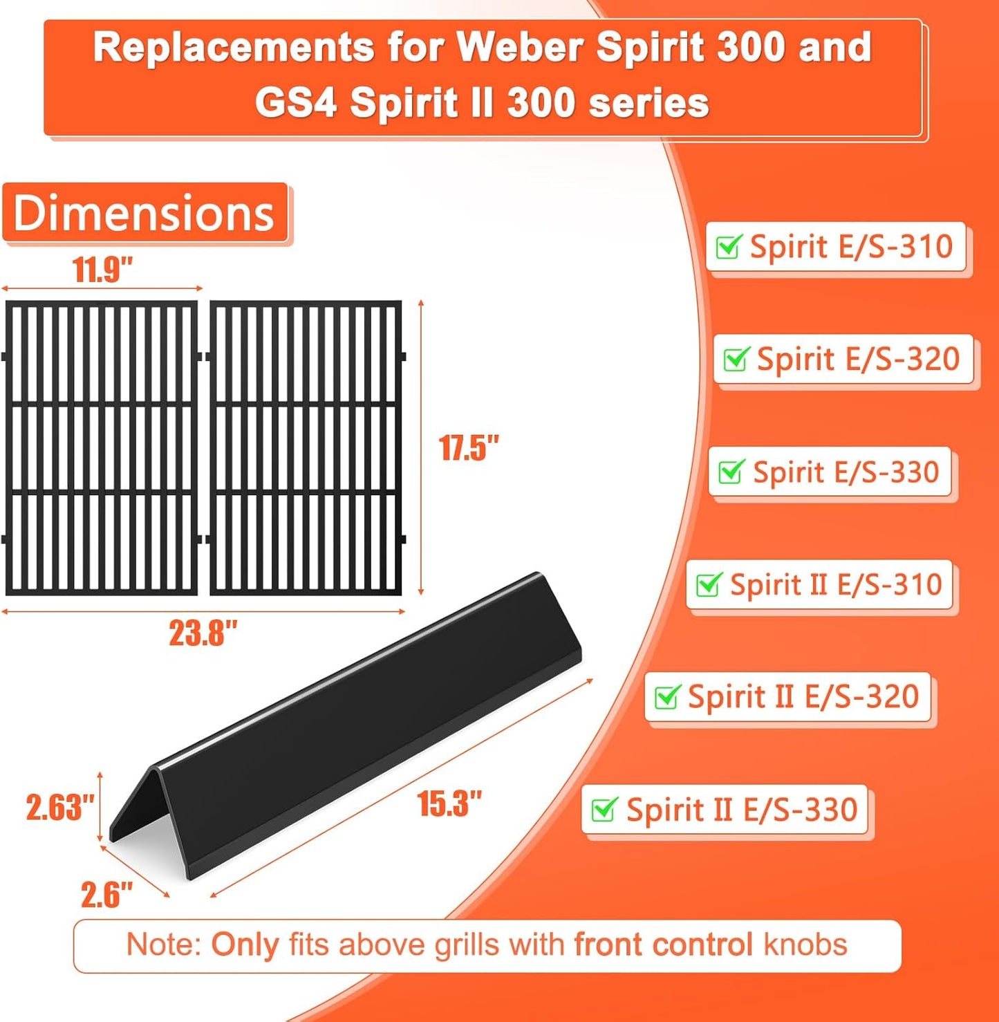 Spirit E310 Grill Parts for Weber Spirit, 17.5" Grill Grates 15.3" Flavorizer Bars for Weber Spirit 300 & GS4 Spirit II 300, Spirit E-310 E-315 Grills with Front Control Knobs for Weber 7638 7636