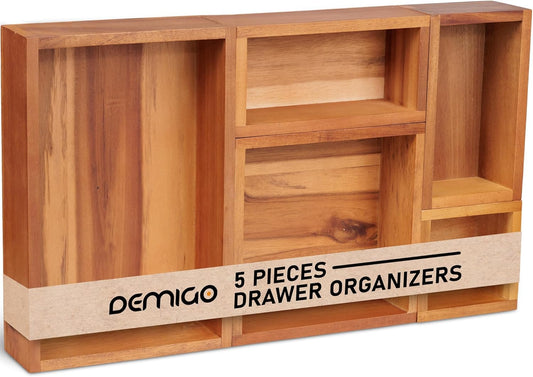 Demigo Acacia Drawer Organizer Set of 5, Cabinet Container Box, Wood Bin Set in Varied Sizes, Dividers Holder for Storage Cooking Utensils Spices Tea Bags Foods Office Items (Brown)