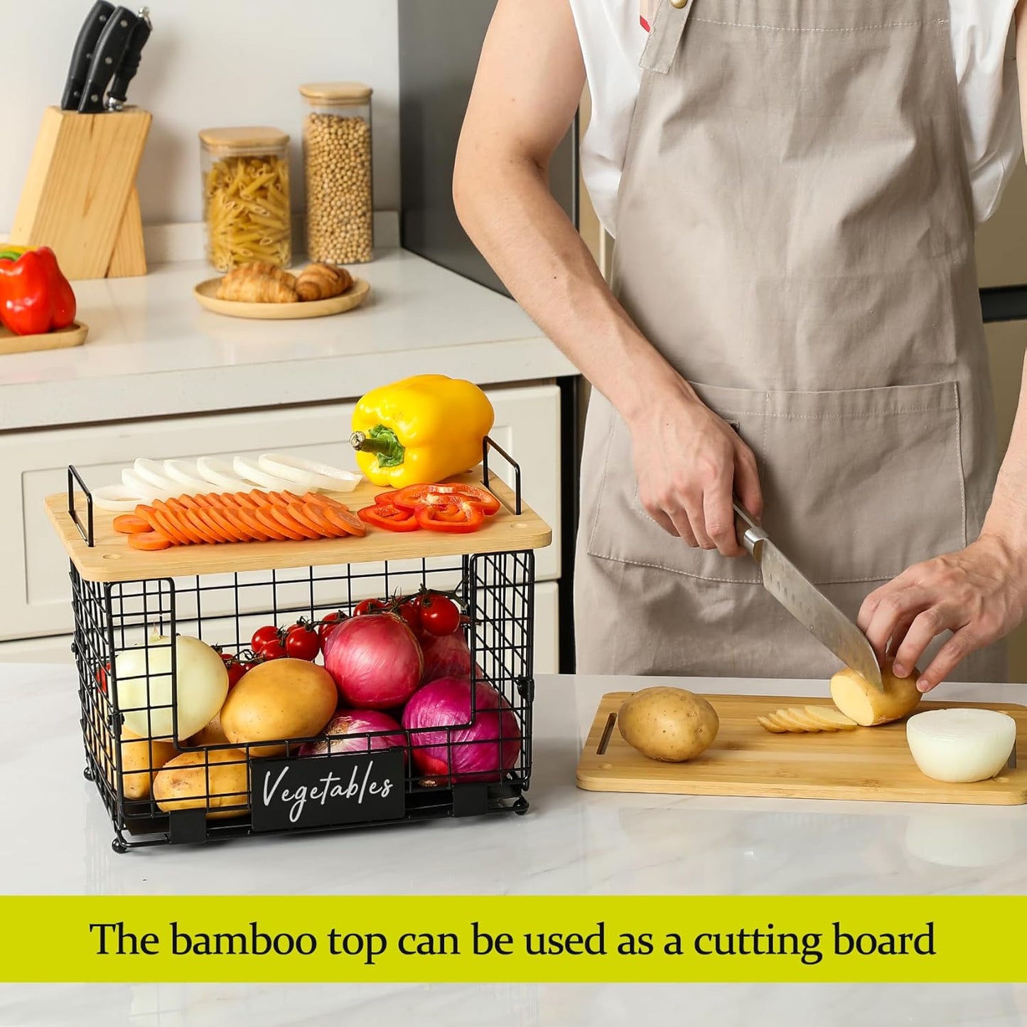 2 Set XL Stackable Wire Basket with Bamboo Tops & Tags- Pantry Organizer and Storage Bins, Kitchen Counter Cabinet Shelf Countertop Under Sink Organizing, Food Snack Produce Onion Potato Bread Storage