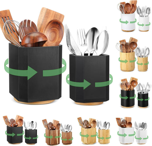 2 Pack Wooden Utensil Holder, 360°Rotating Kitchen Cooking Utensil Crock, Spoon Spatula Holder for Kitchen Counter, Farmhouse Countertop Organizer(Black,Square)