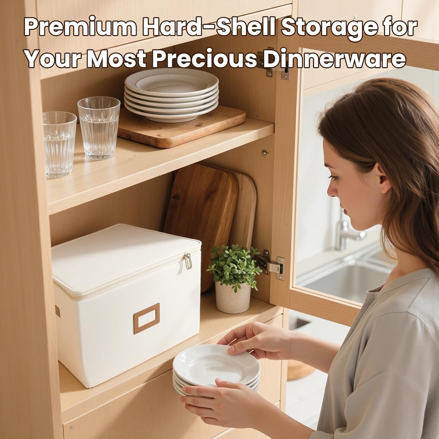 HOMELUX THEORY Saucer Plate Storage Box, 2pc Ivory Hard Shell China Storage Containers Thick Surfaces Lid & 24 Felt Pads, Heavy Duty Moving Box with Handles for Dishes, Dinner Plate, & Dinnerware