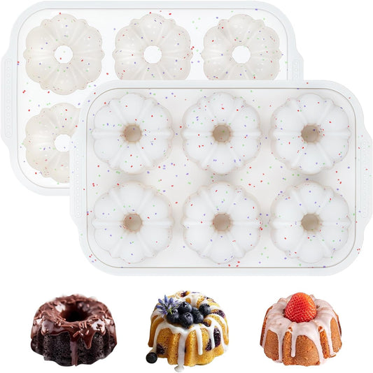 Mini Bundt Cake Pans for Baking, 2Pcs Silicone 6-Cavity Fluted Tube Cake Pan with Metal Reinforced Frame, Nonstick Baking Molds for Cupcake, Brownie, Donuts, Cornbread, Jello