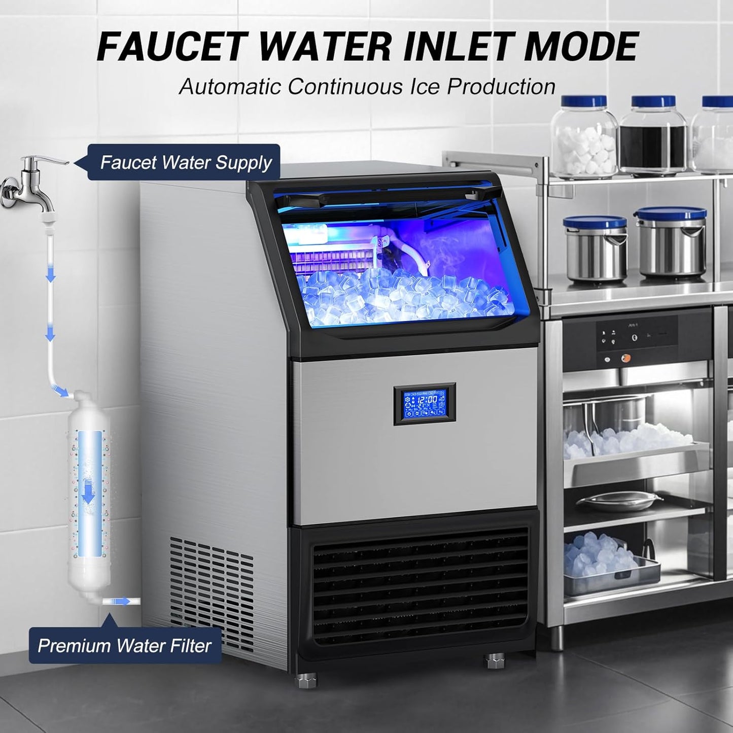 450Lbs/24H Under Counter Commercial Ice Machine with 160LBS Large Storage Bin, Stainless Steel Freestanding Ice Maker for Home Bar Cafe, Include Water Filter and Ice Scoop,Self Cleaning