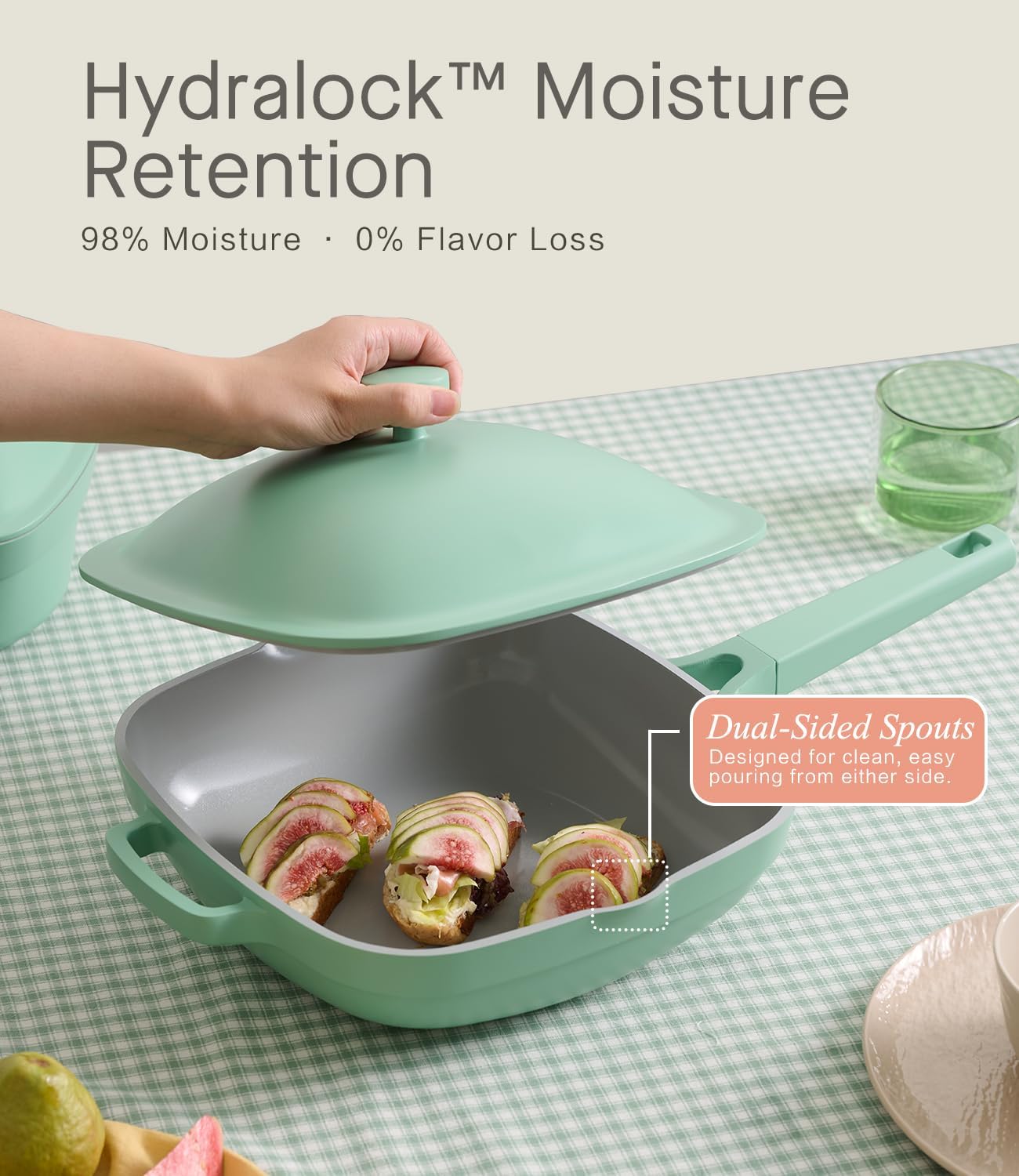 10.5 Inch(3.8QT) Deep Frying Pan,Non Stick Frying Pans Cast Aluminum,Ti-Ceramic Non Toxic Pix Pan with Lid,Natural Wooden Spatula and Loofah Scrubber-Mint Haze