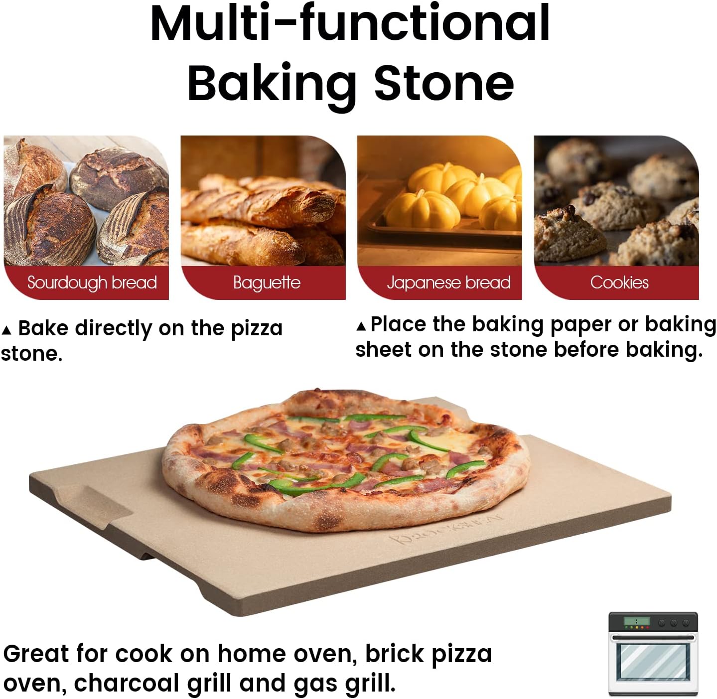 Large Pizza Stone, 20"x13.5" Rectangular Pizza Stone for Oven Grill BBQ, Baking Stone for Pizza Bread with Unique Built-in 4 Handles Design