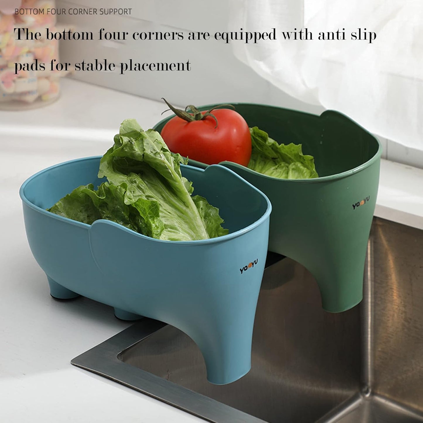 2PCS Vegetable Washing Basket - Elephant Drainage Basket for Fruits, Pasta, Noodles - Green & Blue