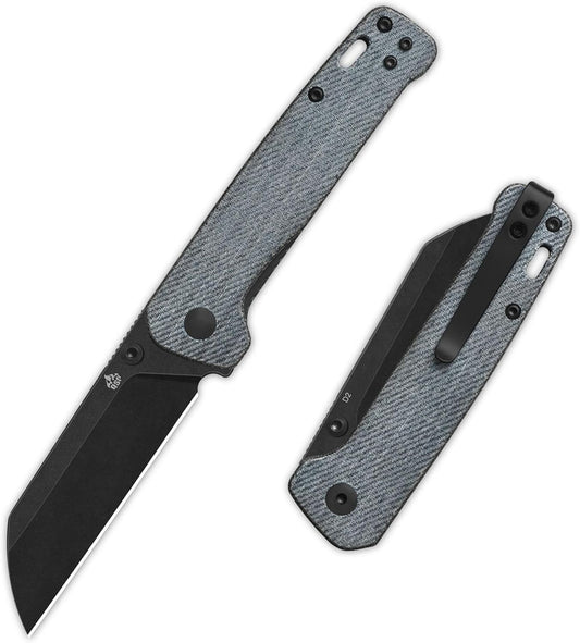 QSP Penguin V2 Folding Pocket Knife, 3.06" D2 Black Stonewash Blade EDC Knife, Denim Micarta Handle, Liner Lock, Ceramic Ball Bearings, Reversible SS Deep Carry Clip