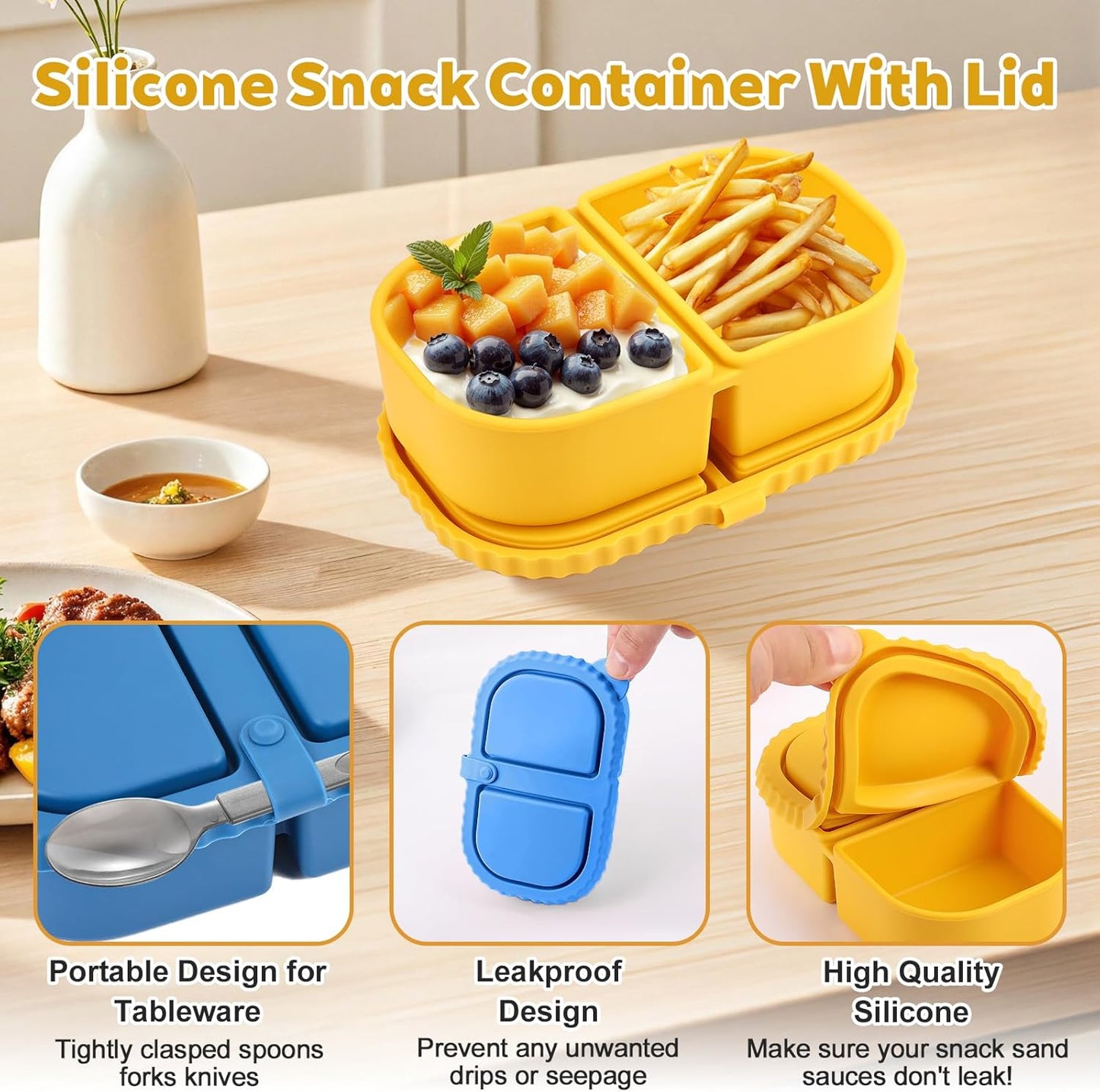 2/3/4Pack 8 oz Reusable Silicone Snack Containers with Lids, Mini Containers 2 Compartments Snackle Box for Kids & Adults, Portable Silicone Food Storage Box for Picnic, School, Office (8oz-2C-2Pcs)