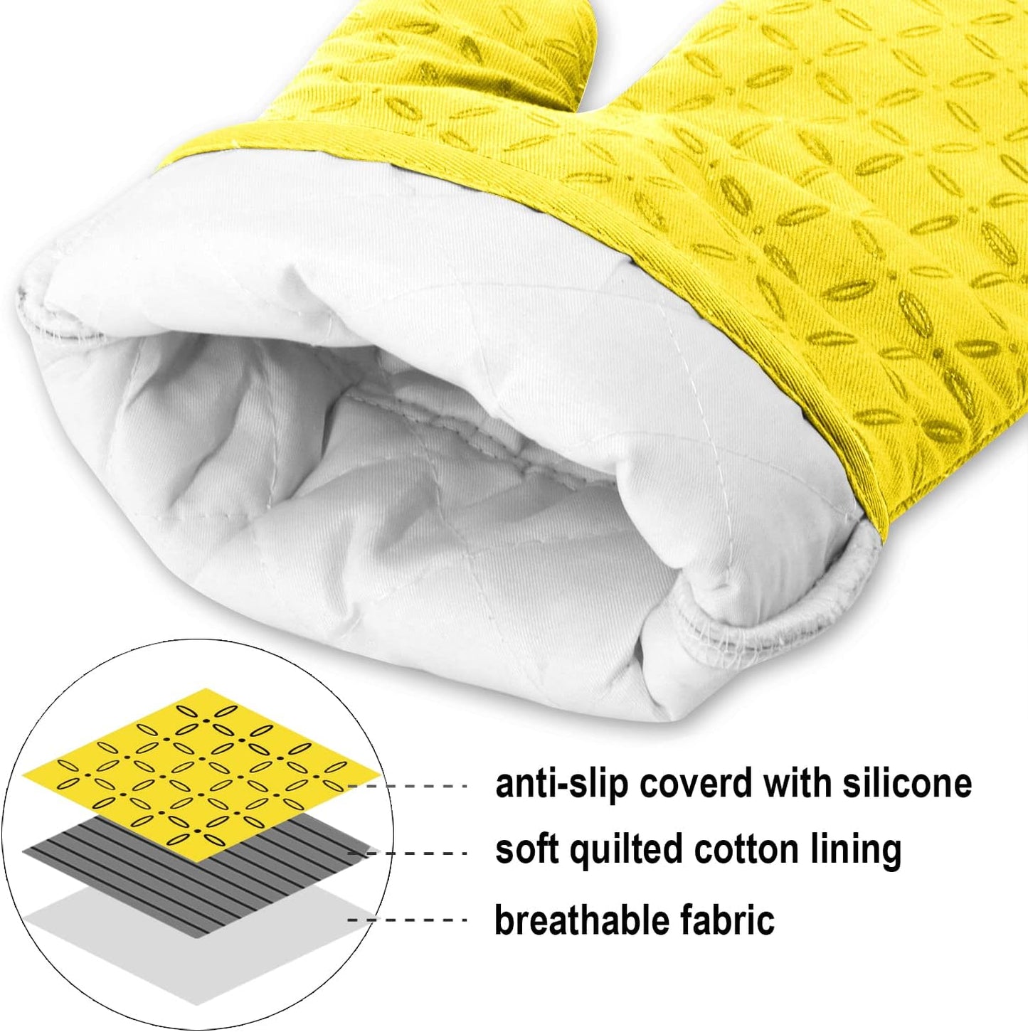 KEGOUU Oven Mitts and Pot Holders 6pcs Set, Kitchen Oven Glove High Heat Resistant 500 Degree Extra Long Oven Mitts and Potholder with Non-Slip Silicone Surface for Cooking (Yellow)