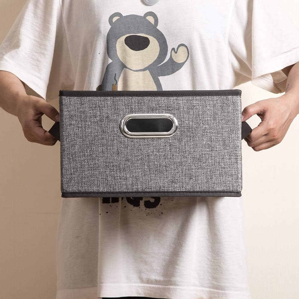 PRANDOM Fodable Storage Bins for Closet [3-Pack] Decorative Fabric Storage Baskets Cubes with Leather/Metal Handles for Shelves Bedroom Living Room Grey (11.5x8.5x6.7 Inch)