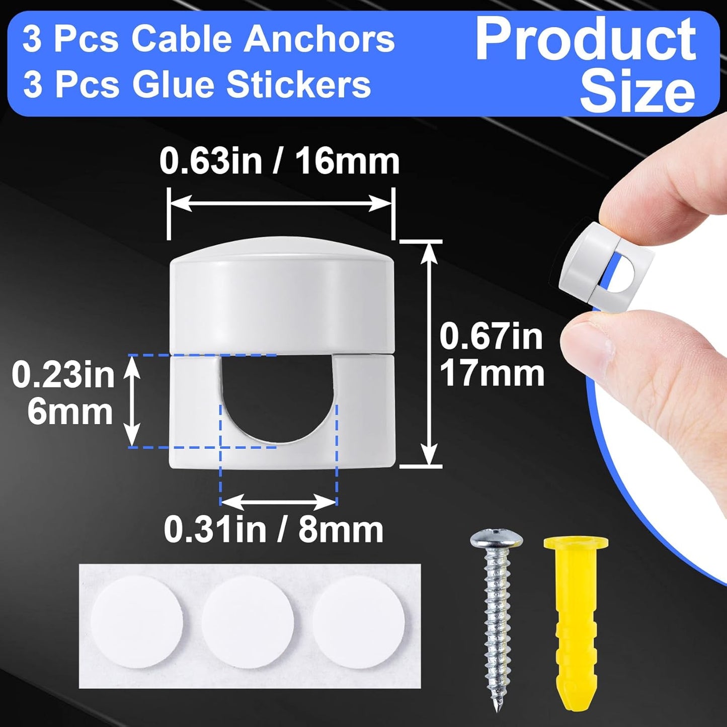 3 Sets Charger Holders for Cords, White Adjustable Cable Anchor Holders, Adhesive Metal Cord Clips, Cable Management Wire Organizers for Desk, Office, Nightstand