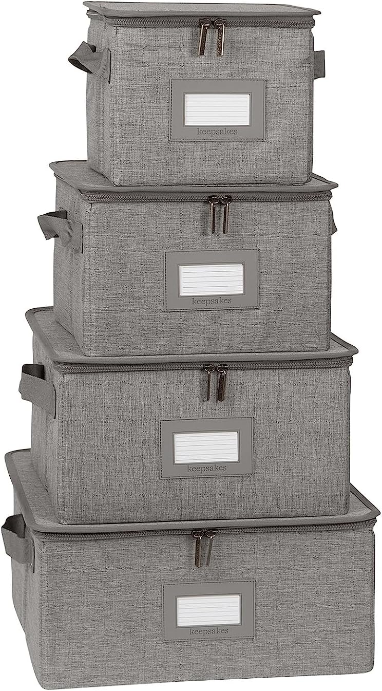 Covermates Keepsakes Dish Storage Box - Stackable, Reinforced Handles, China Storage, Grey Heather