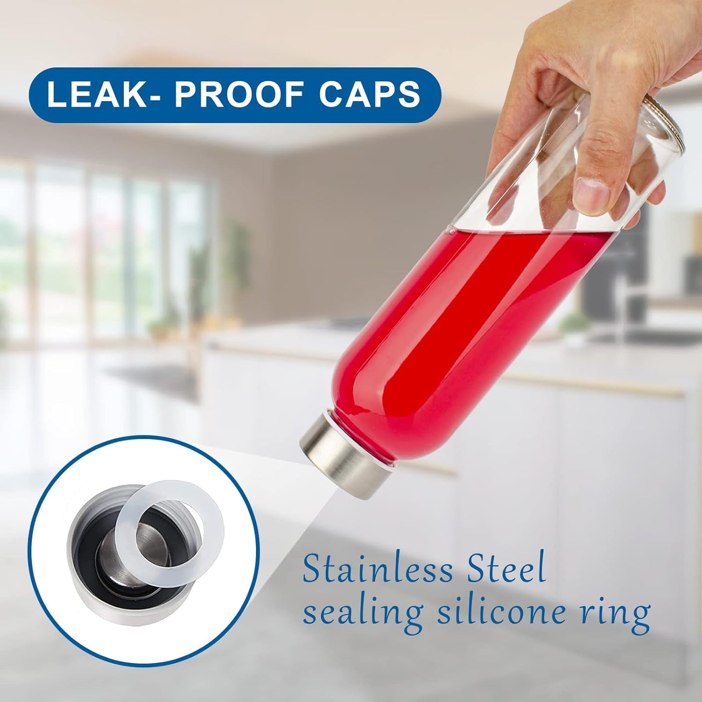 24 oz Clear Glass Bottles with Lids, Reusable Glass Water Bottles with Stainless Steel Cap for Juicing, Refrigerator,100% Leak Proof, BPA Free, Juice Water Bottle Set of 6