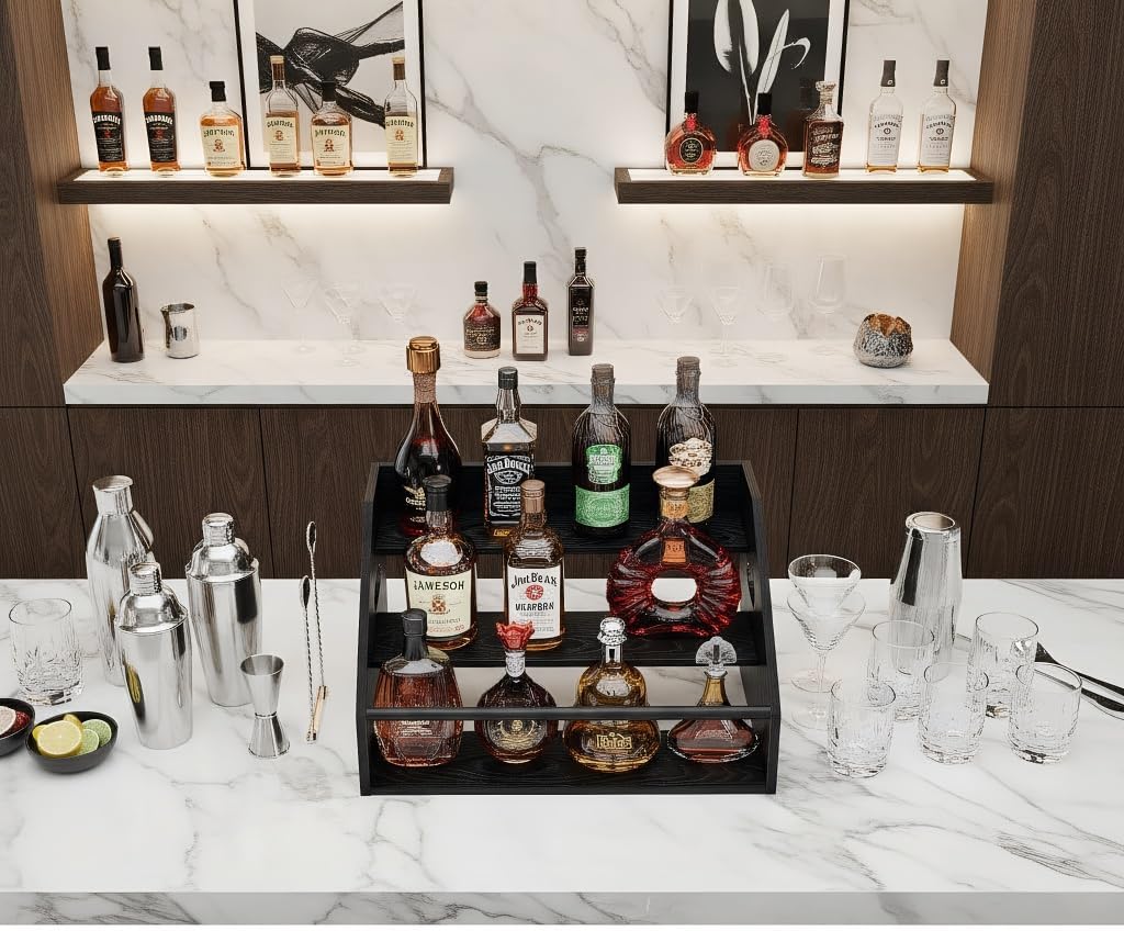 2Pack 3 Tier Wood Liquor Bottle Display Shelf, Coffee Syrup Organizer Rack, Wine Racks Countertop, Bar Shelf for Vodka Tequila Whiskey, Liquor Cabinet for Home Decor, Mini Bar, Black Bar Organizer