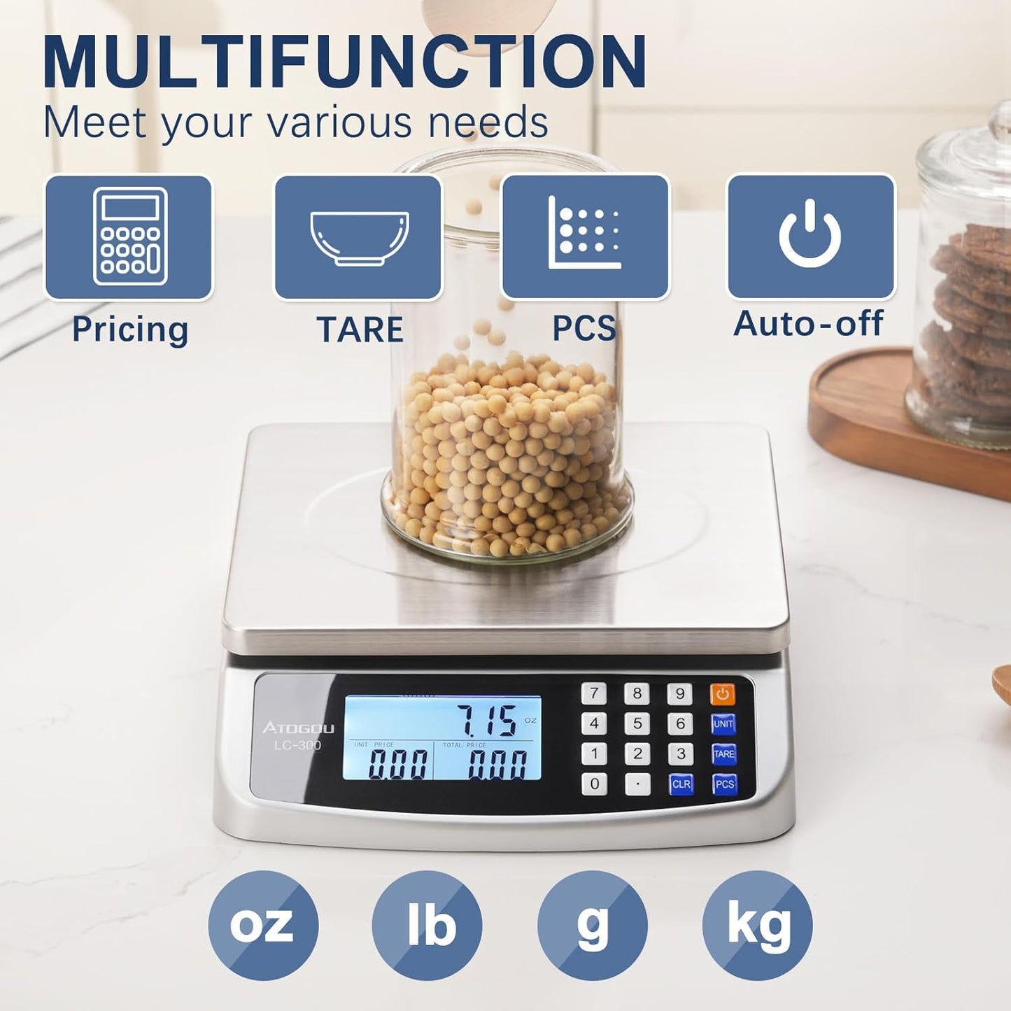 110lb Food Scale, Commercial Kitchen Scale with Price Computing, Plug-in Usable, 0.05oz/1g, 304 Stainless Steel, for Cooking, Vegetables, Farm, Industry, Counting. LC300