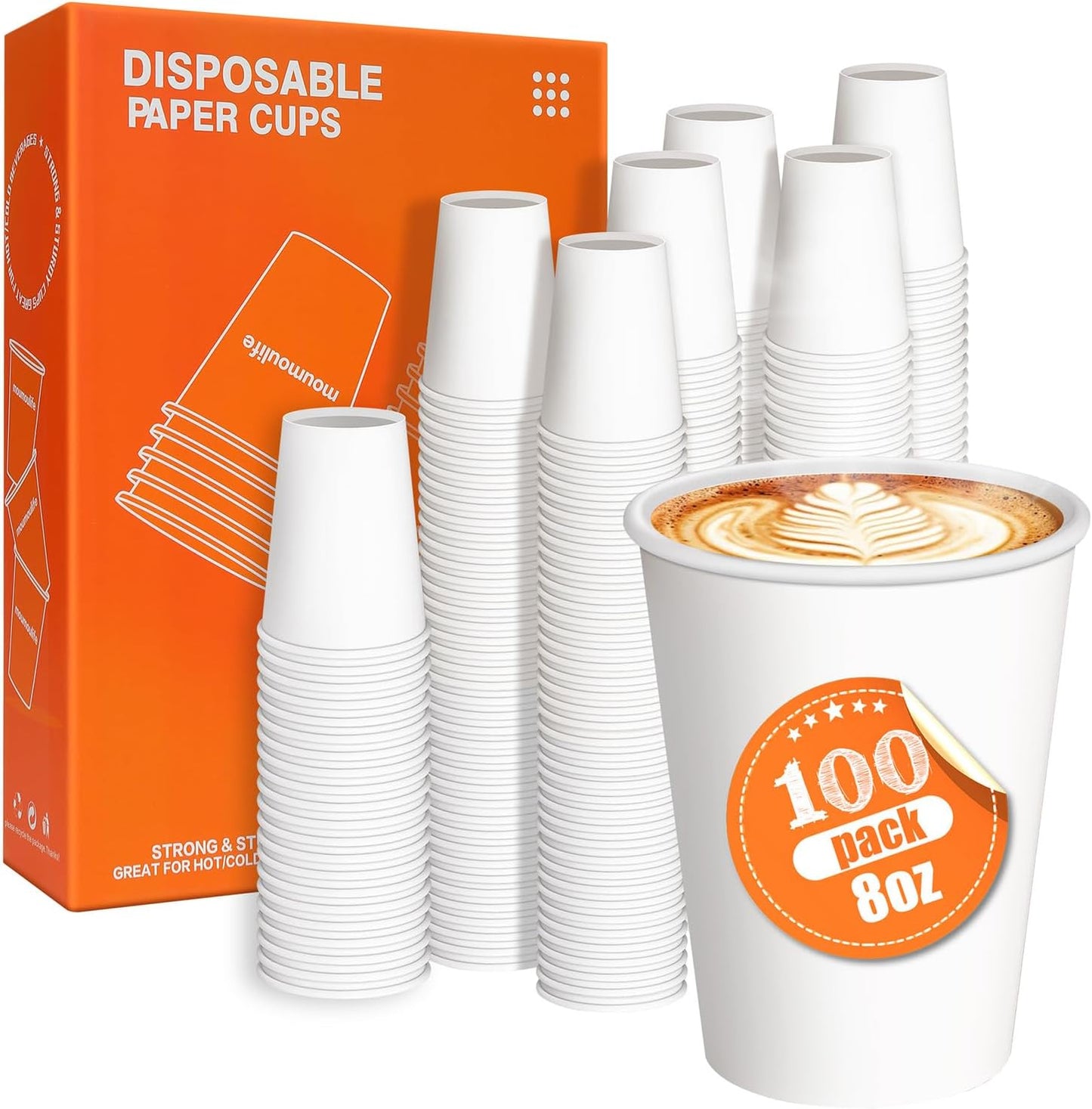 100 Count 8 oz Paper Cups, Disposable Coffee Cups 8 oz, White Hot/Cold Beverage Drinking Cups for Water Juice or Tea
