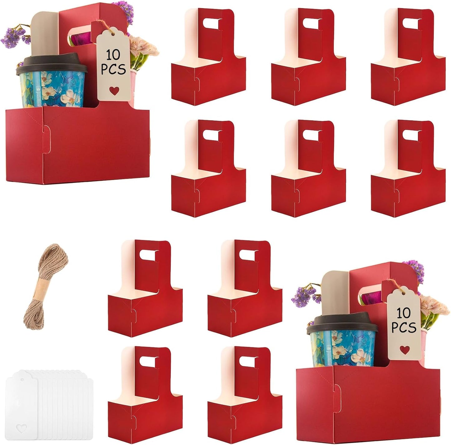 10 Pack 2 Cup Disposable Drink Carrier with Handle Paperboard Coffee Cup Holder Portable for Hot Cold Drinks Food Delivery Services with Heart Card for Teacher Appreciation Week Mother's Day