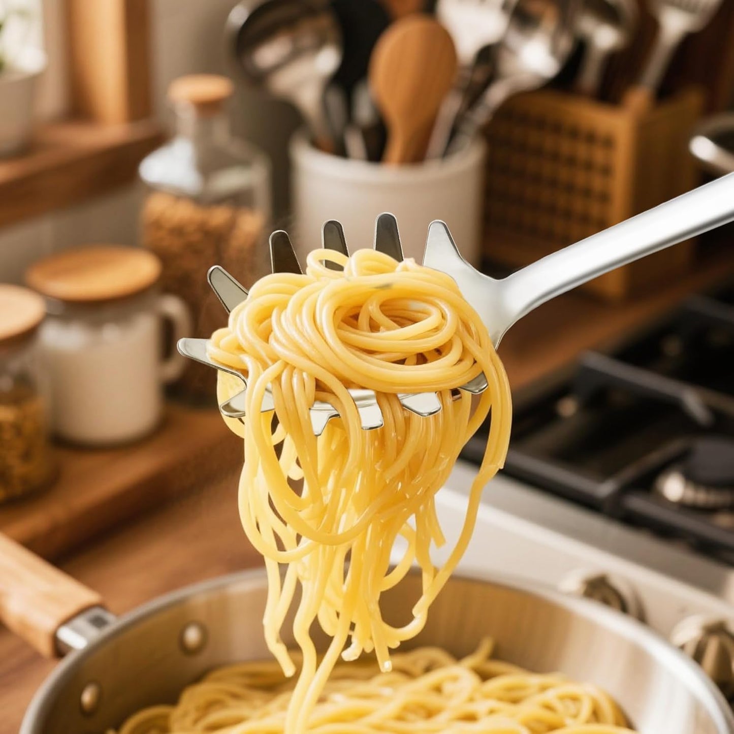 18/0 Stainless Steel Spaghetti Spoon & Slotted Spoon for Cooking, Heavy Duty Frying Spoon Pasta Strainer Skimmer, Cooking Utensils Commercial and Residential Use, Pack of 2