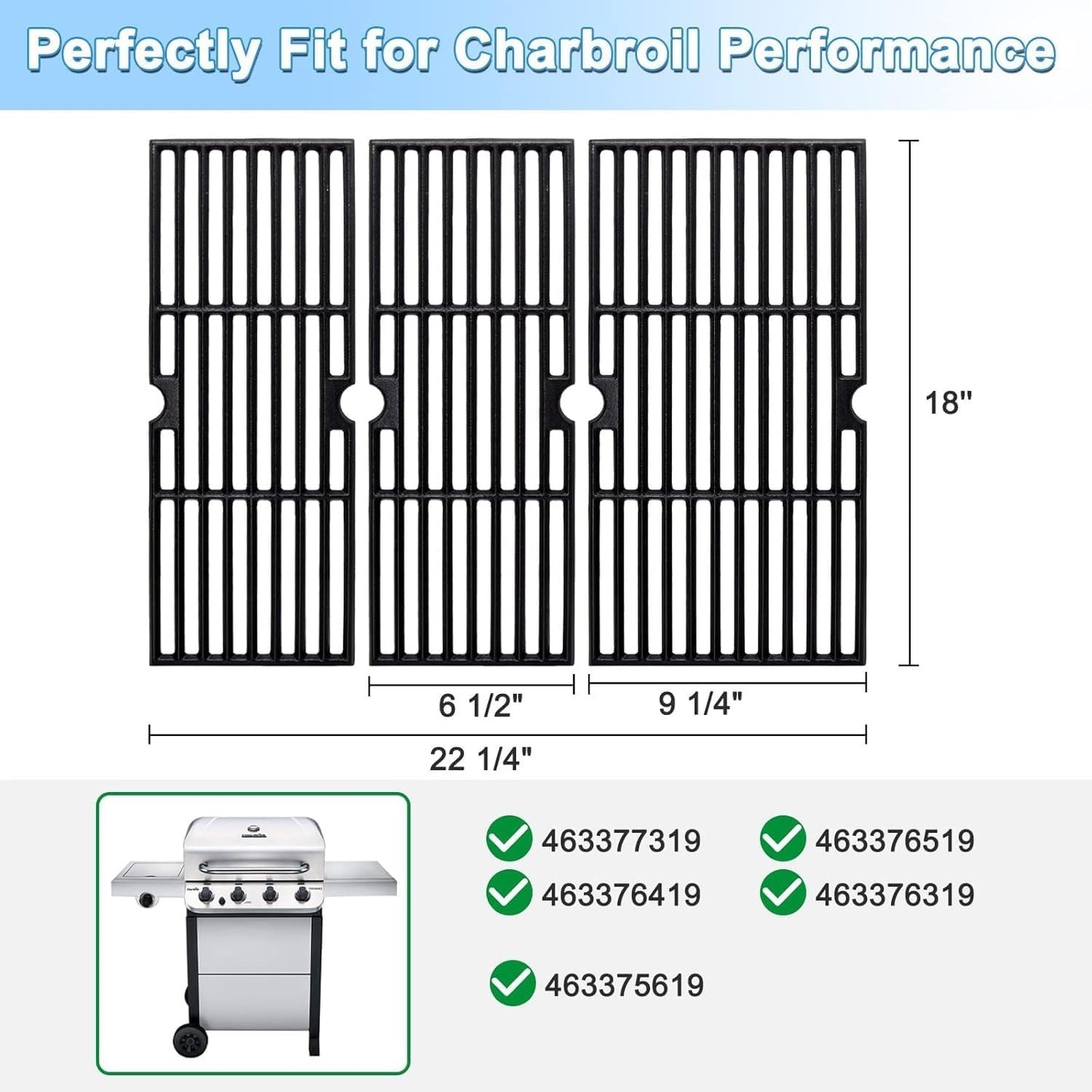 Adviace 18 Inches Grill Grates Replacement for Charbroil Performance 463377319, 463376419, 463376519, 463376319, Cast Iron Cooking Grid Grates for Char-Broil G470-0002-W1, G470-0003-W1, G321-0005-W1.