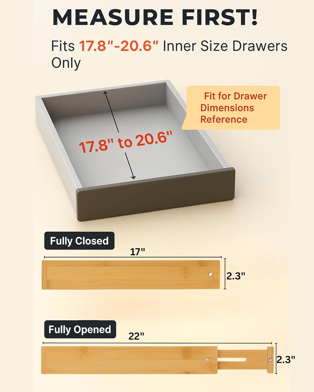 4 Pcs Bamboo Kitchen Drawer Dividers Large 17"-22", Spring Loaded, Works in Kitchen, Adjustable Drawer Organizers, Dresser, Bathroom, Bedroom, Drawer Desk, Office