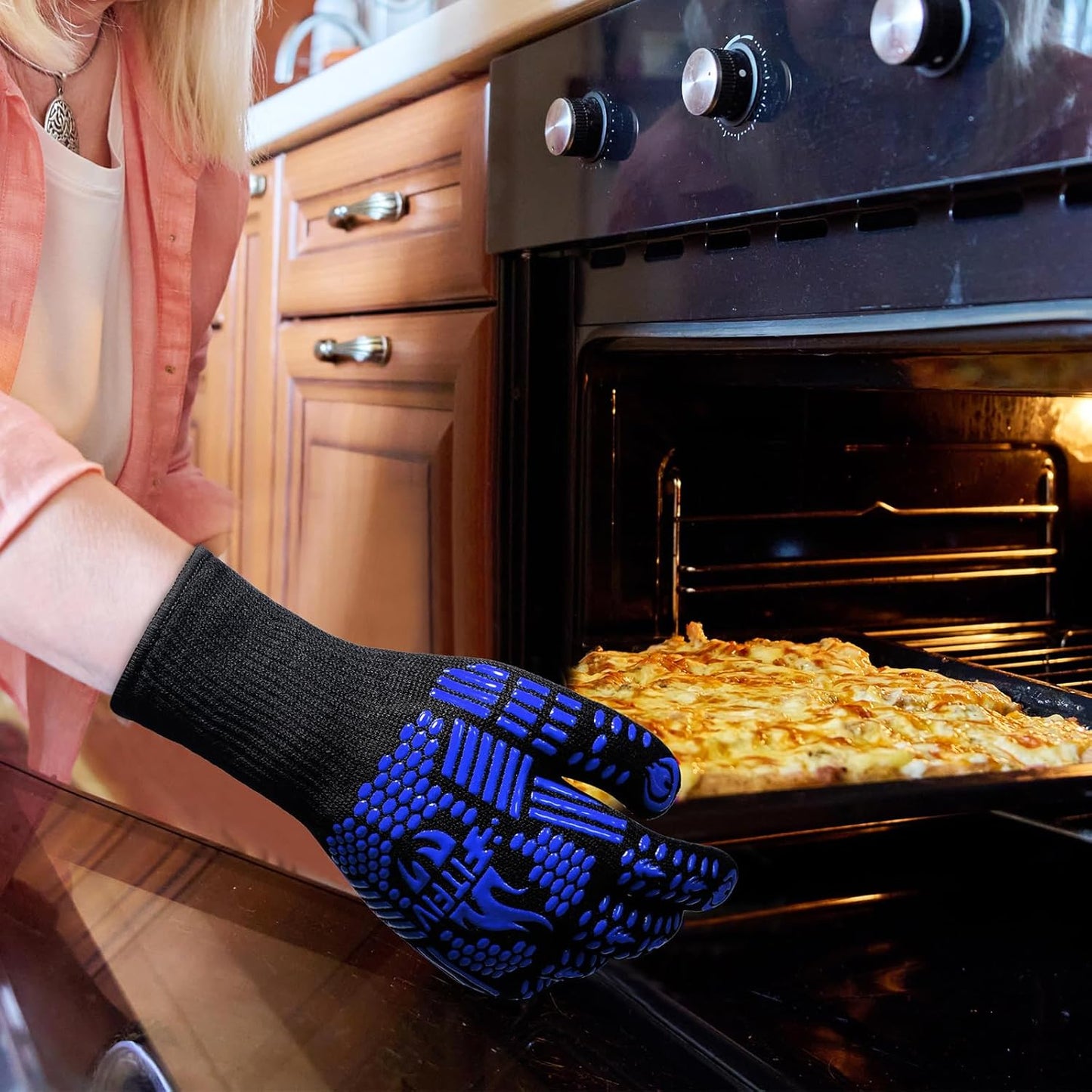 BBQ Gloves, Oven Gloves, 1472°F Extreme Heat Resistant Barbecue Gloves, Silicone Non-Slip Oven Mitts, Kitchen for Cooking, Grilling, and Baking (Blue)