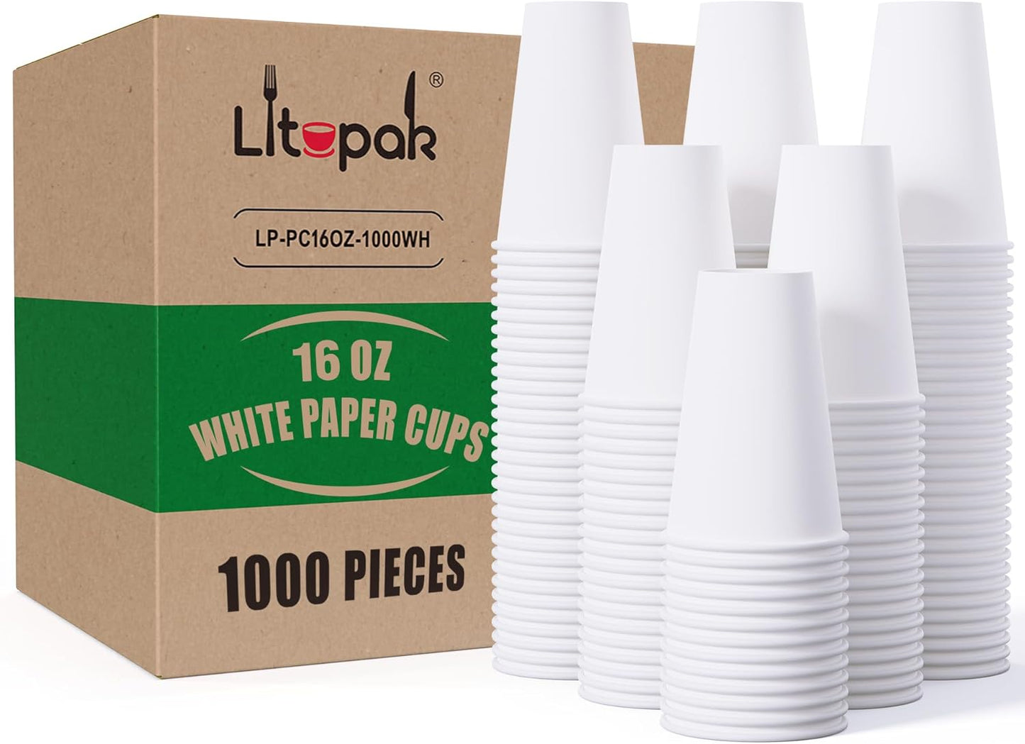 LITOPAK 1000 pack 16 oz Disposable Paper Coffee Cup, Hot Paper Coffee Cups, 16 oz White Paper Cups for Offices, Schools, Shops, Restaurants