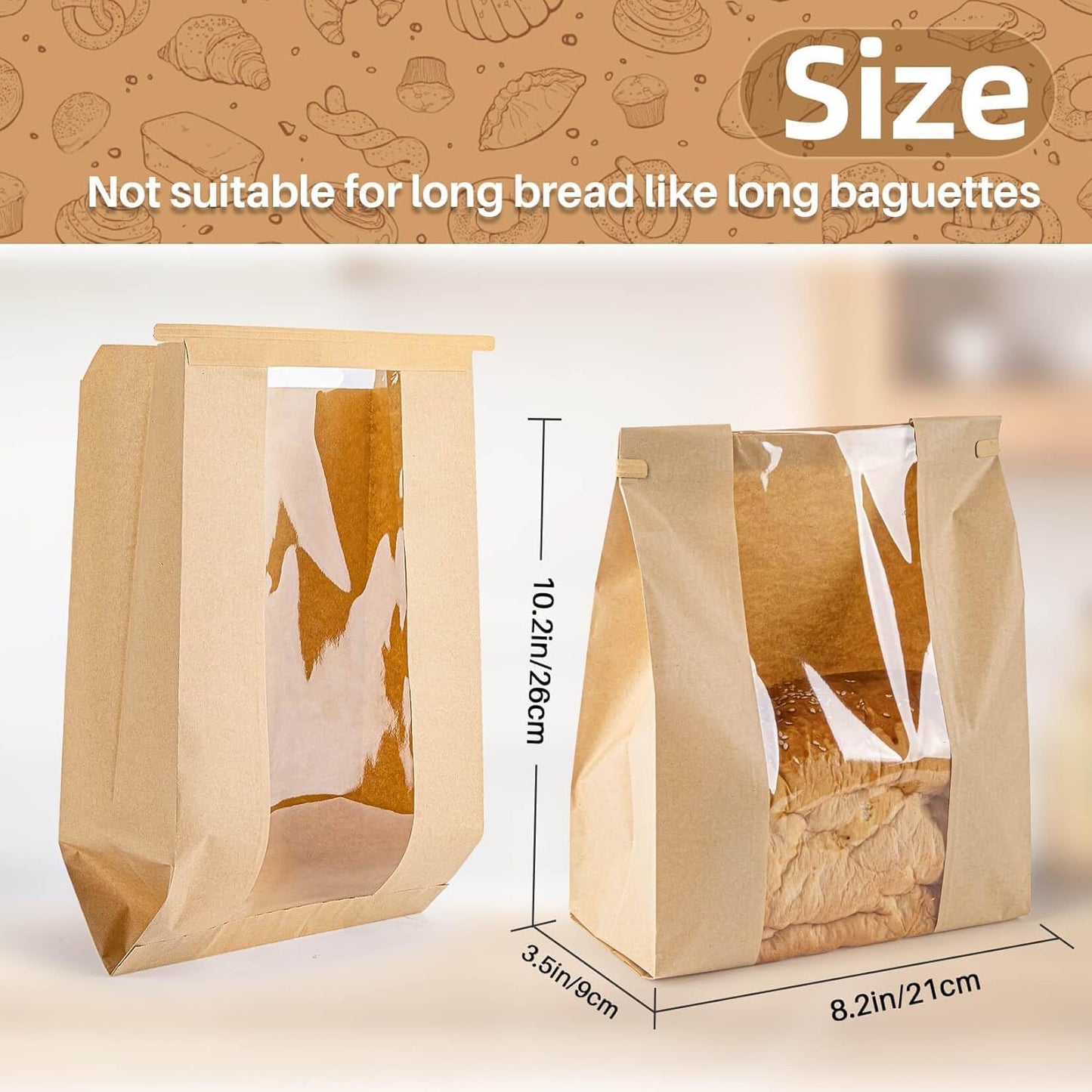 33PCS Bread Bags with Reusable Ties - Homemade Sourdough Bread Storage Brown Paper Bagel Loaf Bakery Bags with Window Toast Bags with Resealable Tie Disposable Baked Goods Sale Packaging