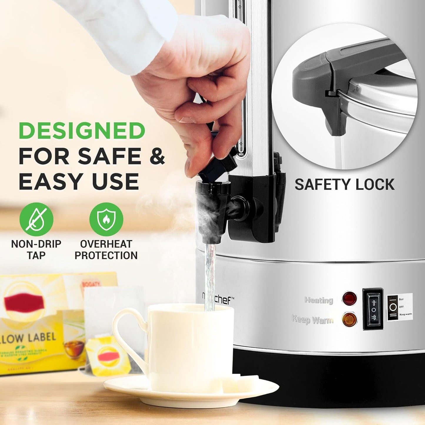 NutriChef Water Boiler and Hot Water Dispenser, 13L Electric Beverage Dispenser with Safety Lock Lid, Non-Drip Tap, Warm Function, Food Grade Stainless Steel, Home and Commercial Use, 20x11x11 in.