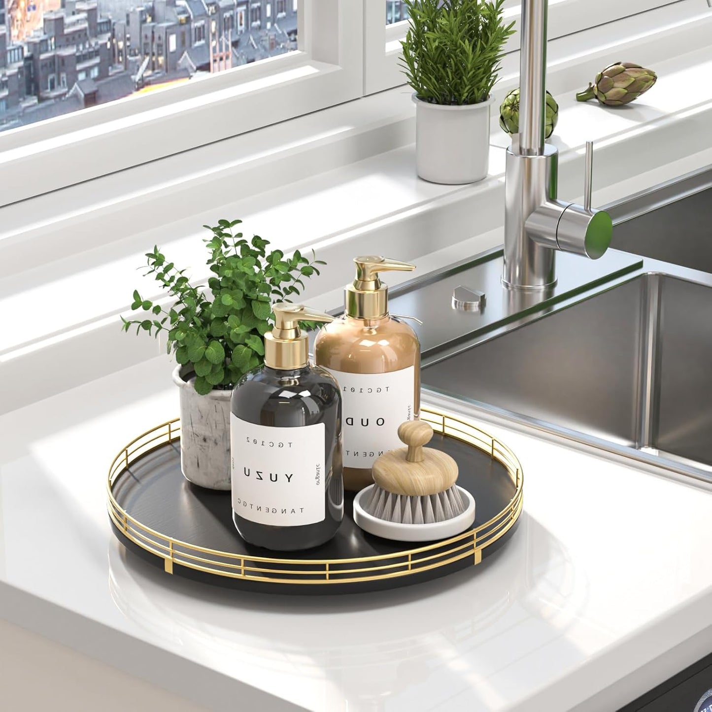 13" Oak Wood Bathroom Tray for Counter, Vanity Tray for Perfume Lotion Candle Makeup Jewelry Sink Soap Holder Turntable Dresser Organizer Countertop Coffee Table Decor Organization and Storage Gold